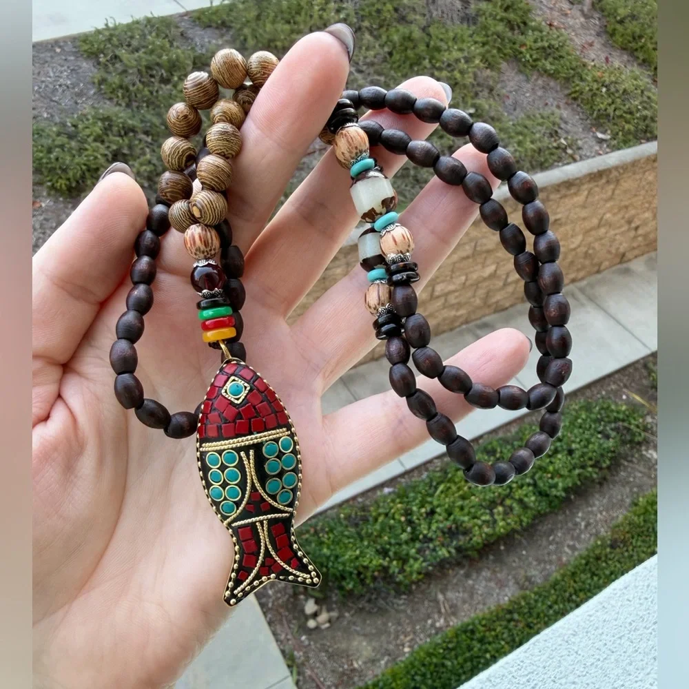 Boho Mosaic Fish Pendant Wooden Bead Necklace - Picture 2 of 2
